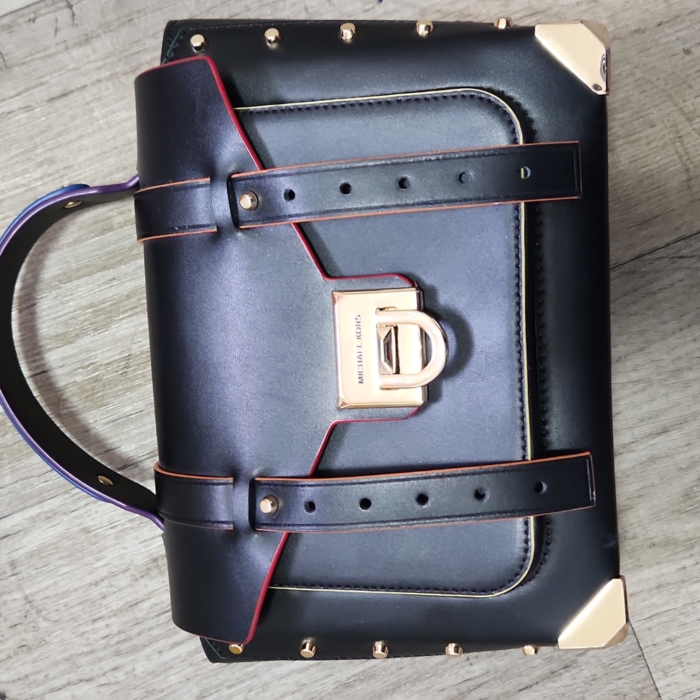 Michael Kors manhattan satchel bag leather Rainbow trim All Stud gold hardware